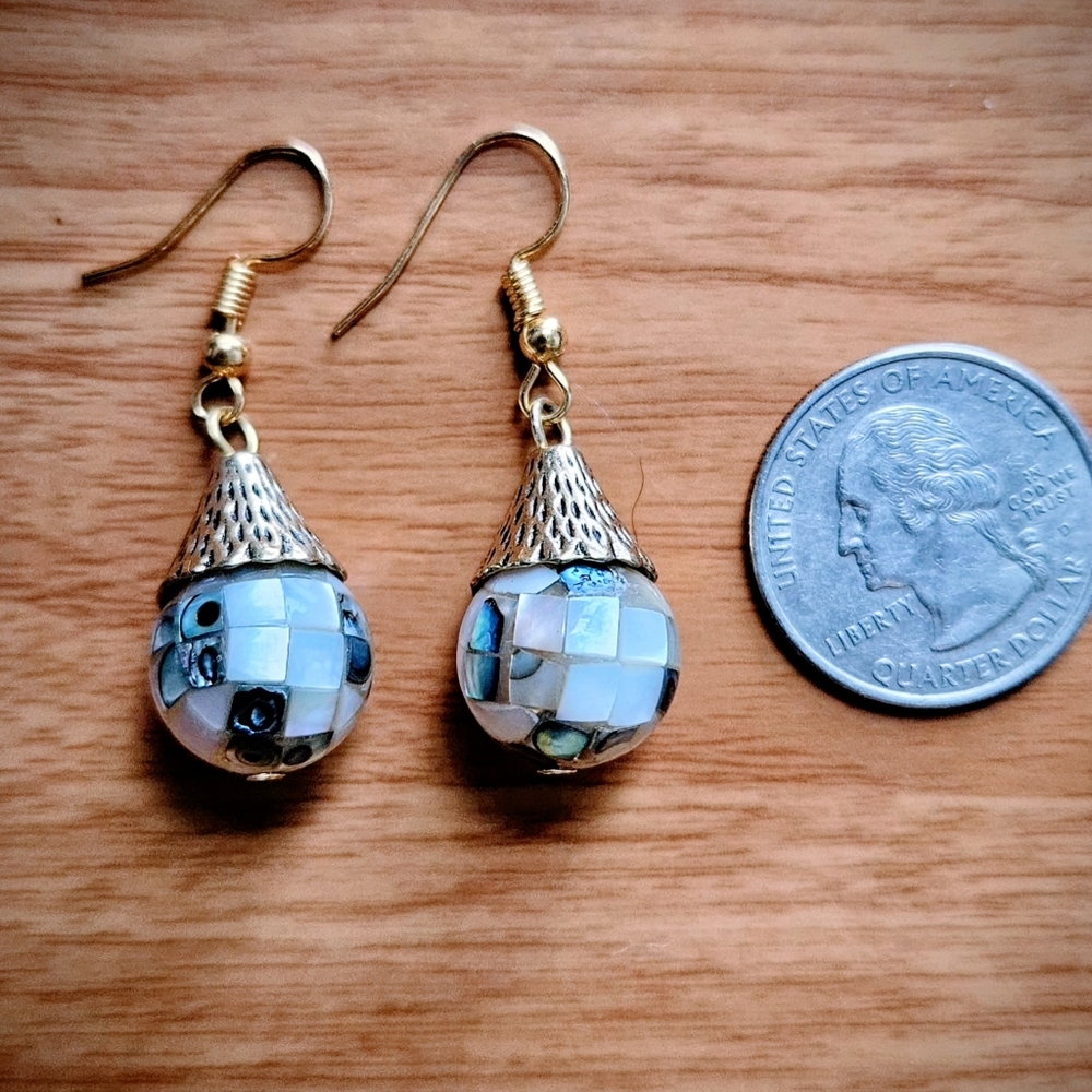 Mosaic Mother of Pearl Dangle Earrings. Last Pic Color is more accurate. - Picture 5 of 6